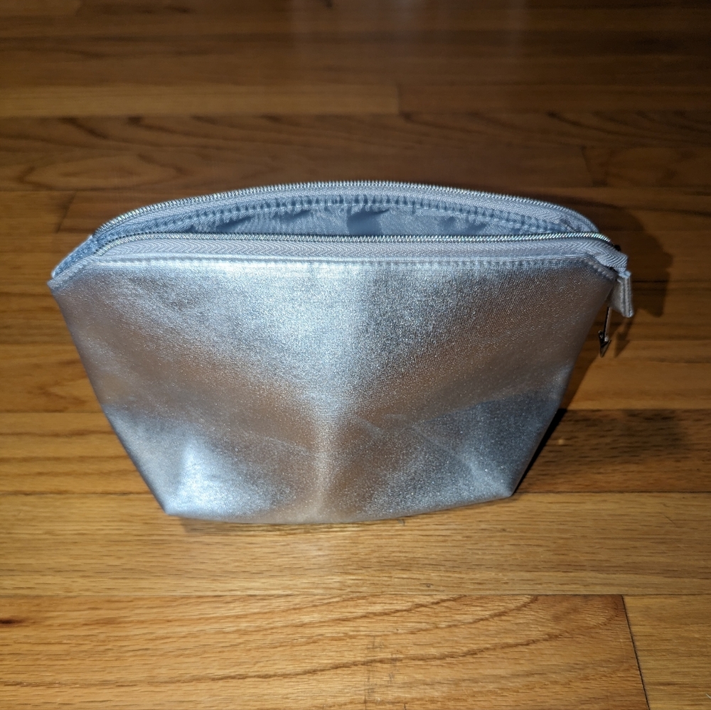Lancome Metallic Silver Cosmetic Makeup Zipper Top Bag with Arrow Design Zipper